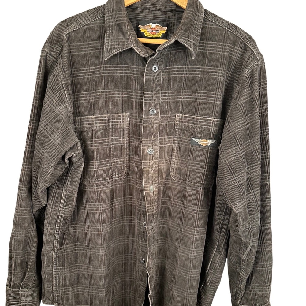 Harley-Davidson Mens Corduroy Plaid Button Up Shirt Grey An American Legend L